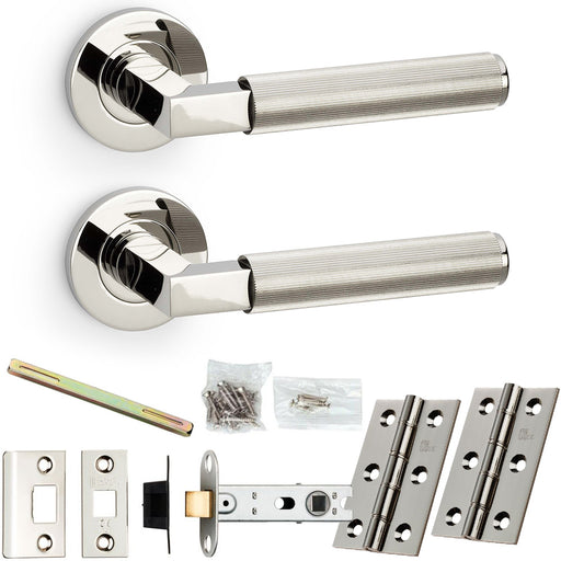 Door Handle & Latch Pack - Polished Nickel - Mitred Reeded Lever On Round Rose