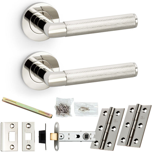 Door Handle & Latch Pack - Polished Nickel - Mitred Knurled Bar Lever Round Rose