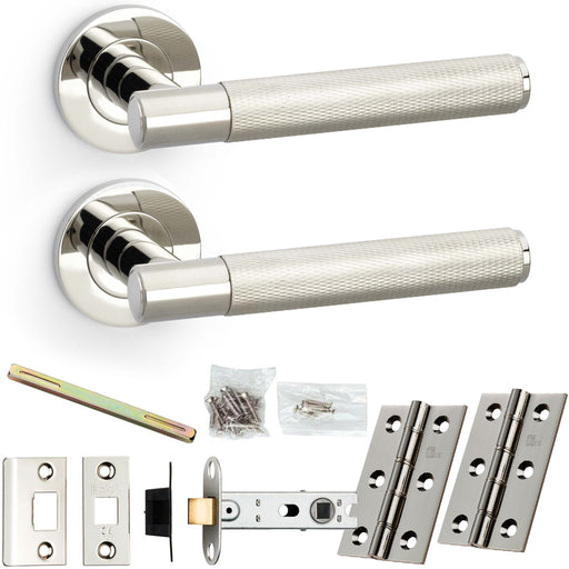 Door Handle & Latch Pack - Polished Nickel - Straight Knurled Bar Lever On Rose