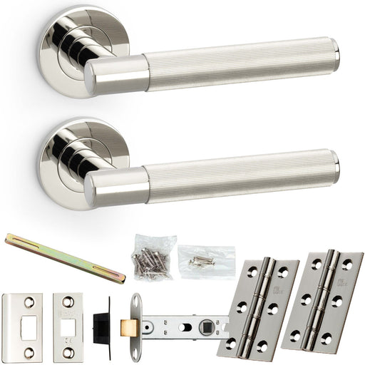 Door Handle & Latch Pack Polished Nickel Straight Reeded Lined Lever Round Rose