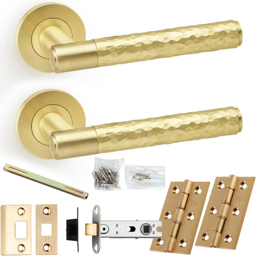 Door Handle & Latch Pack - Satin Brass - Modern Hammered Lever On Round Rose