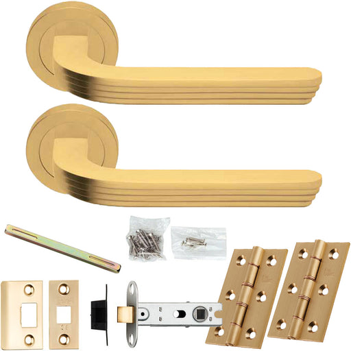 Door Handle & Latch Pack - Satin Brass - Art Deco Reeded Lever On Round Rose