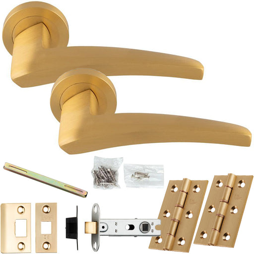 Door Handle & Latch Pack Satin Brass Chunky Curved Arched Lever On Round Rose