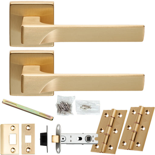 Door Handle & Latch Pack Satin Brass Smooth Scalloped Bar Lever On Square Rose