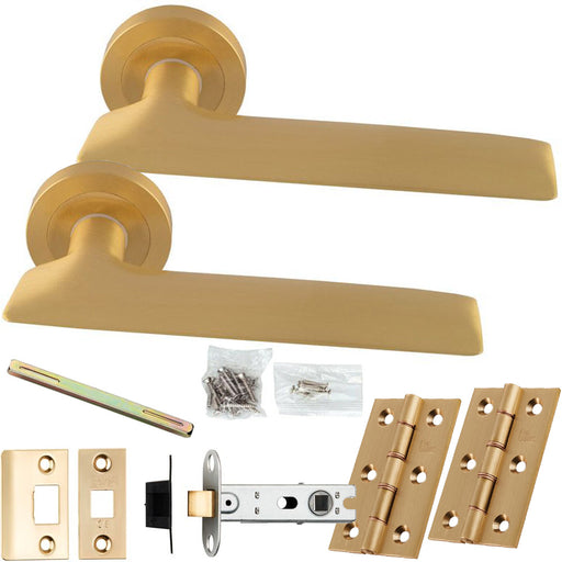 Door Handle & Latch Pack - Satin Brass - Smooth Flat Bar Lever On Round Rose