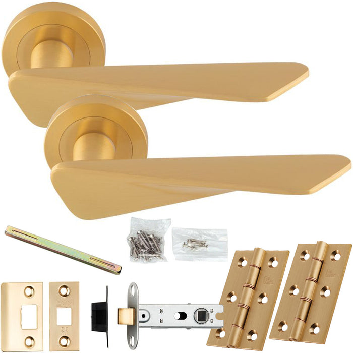 Door Handle & Latch Pack - Satin Brass - Chunky Twist Bar Lever On Round Rose