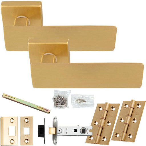 Door Handle & Latch Pack - Satin Brass - Chunky Flat Bar Lever On Square Rose