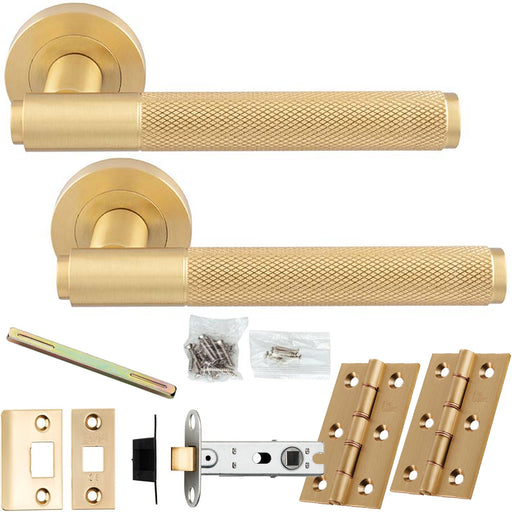 Door Handle & Latch Pack Satin Brass Knurled Straight Bar Lever On Round Rose