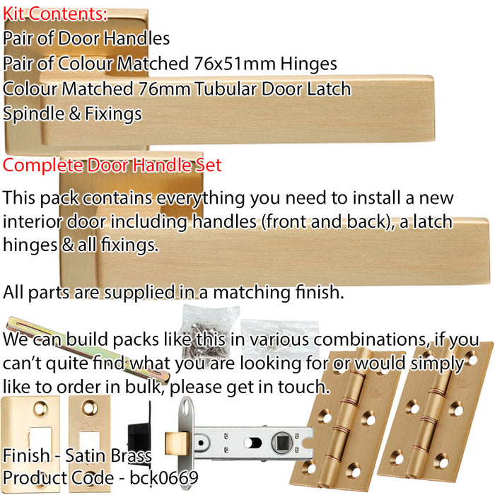 Door Handle & Latch Pack - Satin Brass - Flat Slim Bar Lever On Square Rose 1