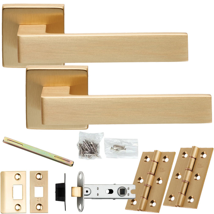 Door Handle & Latch Pack - Satin Brass - Flat Slim Bar Lever On Square Rose