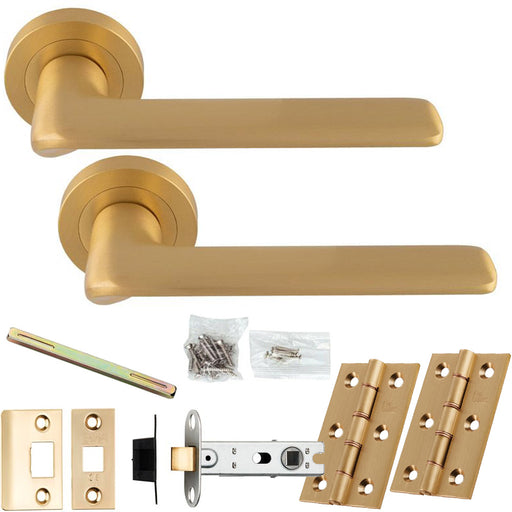 Door Handle & Latch Pack - Satin Brass - Slim Rounded Lever On Round Rose