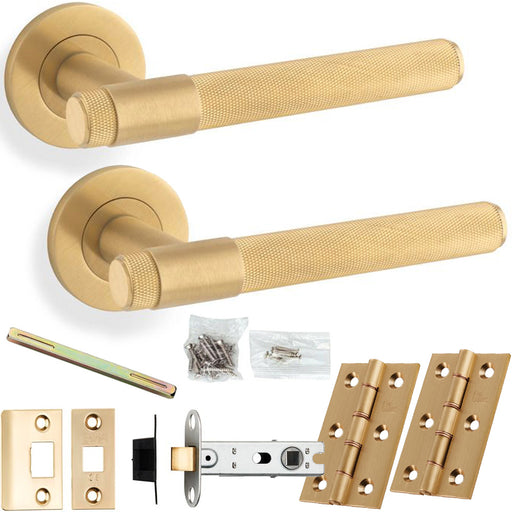 Door Handle & Latch Pack - Satin Brass - Modern Knurled Bar Lever On Round Rose