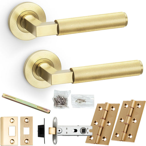 Door Handle & Latch Pack - Satin Brass - Mitred Reeded Lined Lever On Round Rose