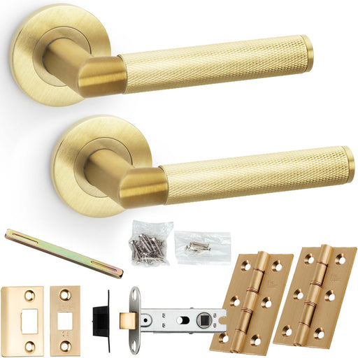 Door Handle & Latch Pack - Satin Brass - Mitred Knurled Bar Lever On Round Rose