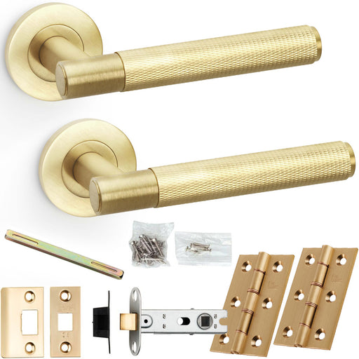 Door Handle & Latch Pack - Satin Brass - Straight Knurled Bar Lever Round Rose