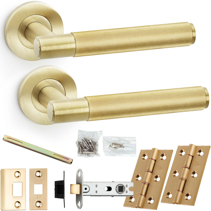 Door Handle & Latch Pack - Satin Brass - Straight Reeded Lined Lever Round Rose