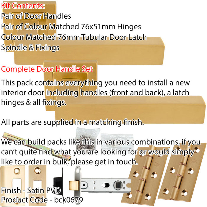 Door Handle & Latch Pack - Satin Brass - Square Mitred Bar Lever On Square Rose 1