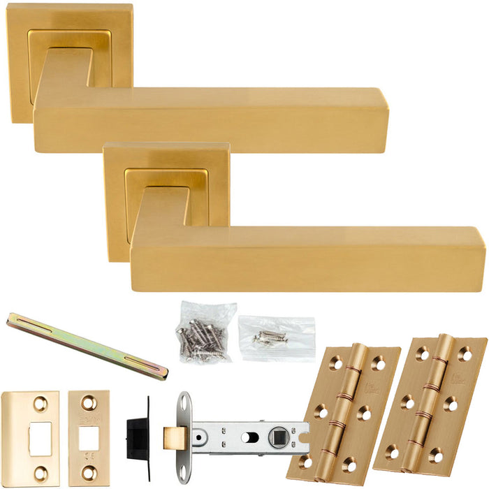 Door Handle & Latch Pack - Satin Brass - Square Mitred Bar Lever On Square Rose