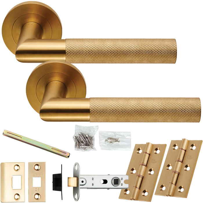 Door Handle & Latch Pack Satin Brass Round Knurled Mitred Lever On Round Rose