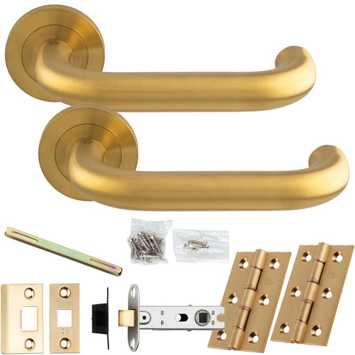 Door Handle & Latch Pack - Satin Brass - Rounded Curved Bar Lever On Round Rose