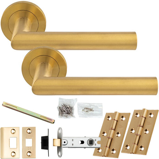 Door Handle & Latch Pack Satin Brass Rounded Smooth Mitred Lever On Round Rose