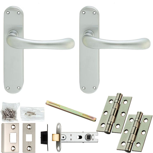 Door Handle & Latch Pack - Satin Chrome - Modern Bar Lever On Rounded Backplate