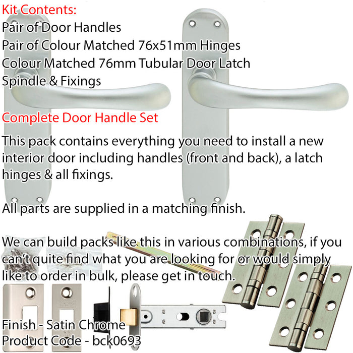 Door Handle & Latch Pack - Satin Chrome - Smooth Lever On Rounded Backplate 1