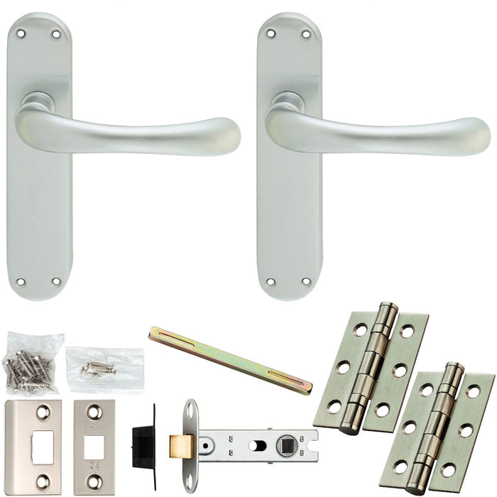 Door Handle & Latch Pack - Satin Chrome - Smooth Lever On Rounded Backplate