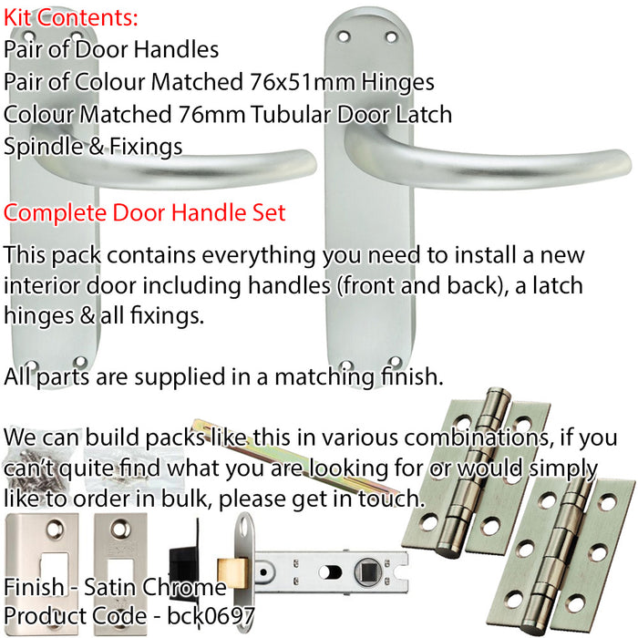 Door Handle & Latch Pack - Satin Chrome - Slim Curved Lever On Rounded Backplate 1