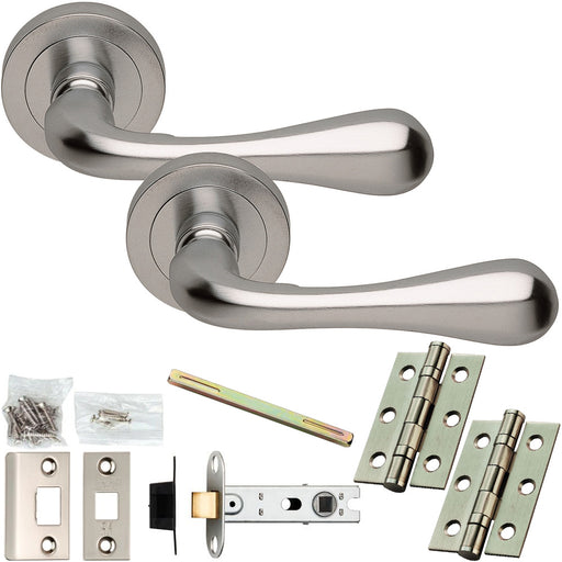 Door Handle & Latch Pack - Satin Chrome - Flared Short Bar Lever On Round Rose