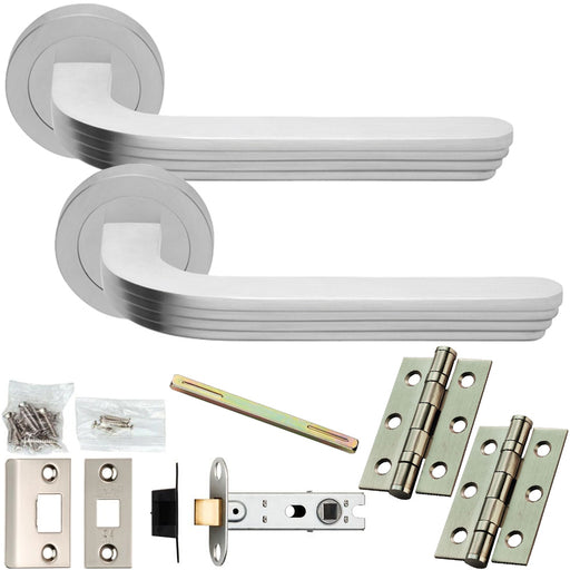 Door Handle & Latch Pack - Satin Chrome - Art Deco Reeded Lever On Round Rose