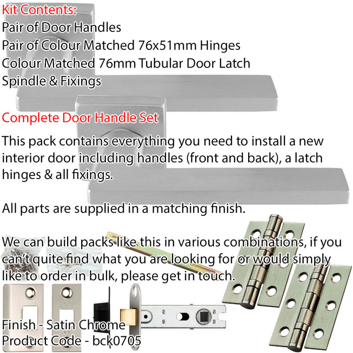 Door Handle & Latch Pack - Satin Chrome - Slim Smooth Bar Lever On Square Rose 1