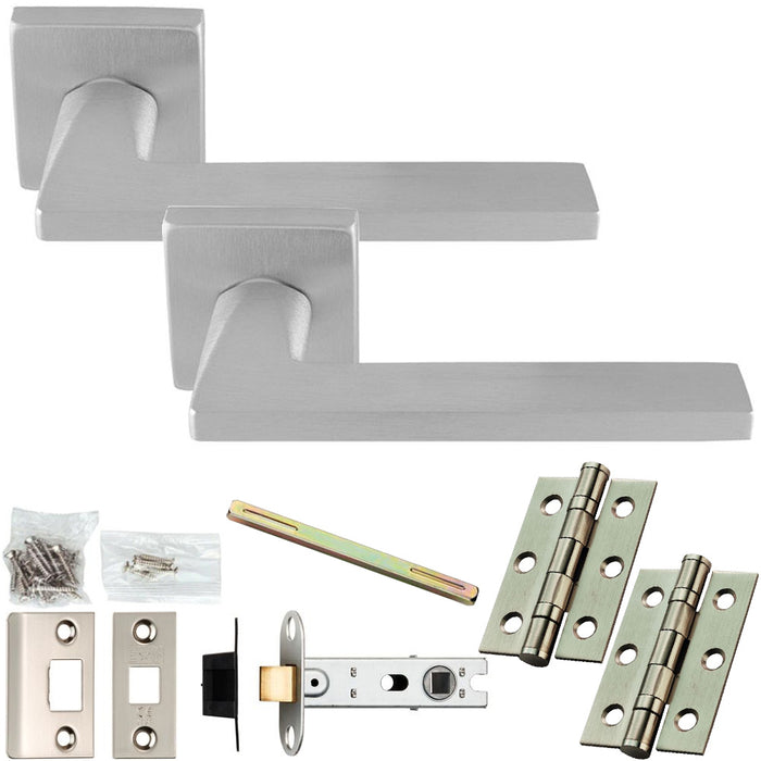 Door Handle & Latch Pack - Satin Chrome - Slim Smooth Bar Lever On Square Rose