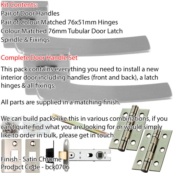 Door Handle & Latch Pack - Satin Chrome - Slim Curved Bar Lever On Square Rose 1