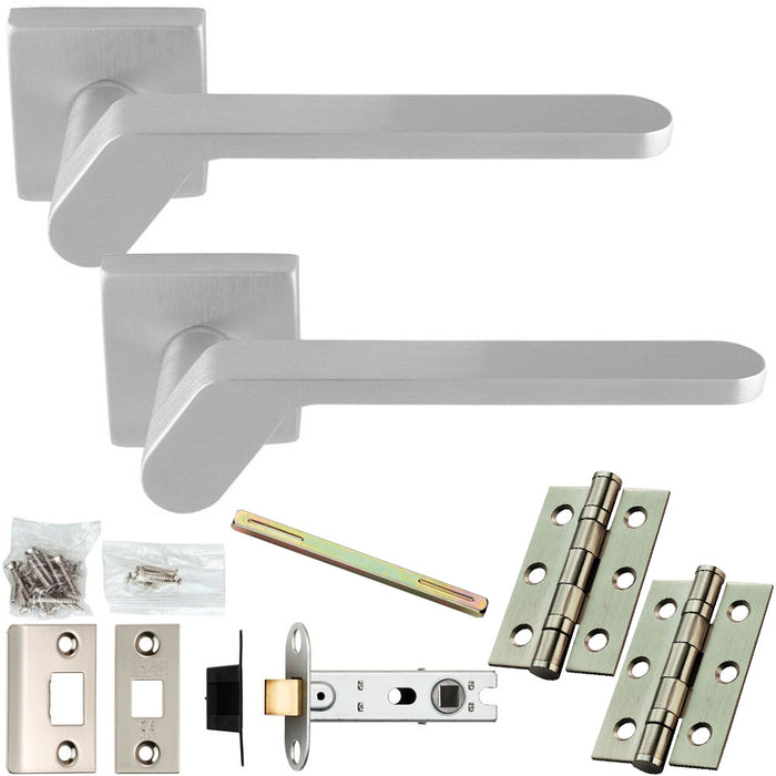 Door Handle & Latch Pack - Satin Chrome - Slim Angled Bar Lever On Square Rose