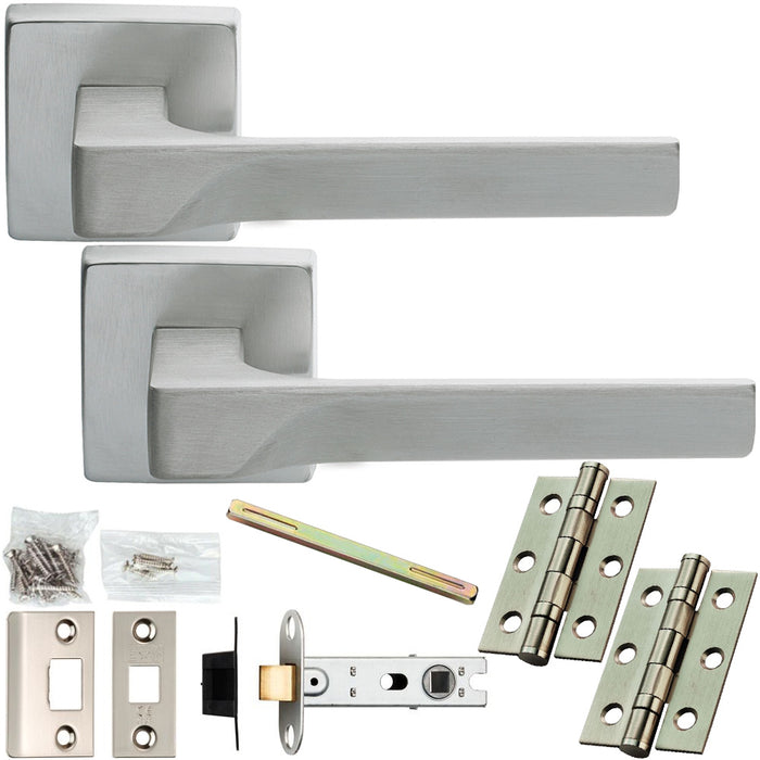 Door Handle & Latch Pack Satin Chrome Smooth Scalloped Bar Lever On Square Rose