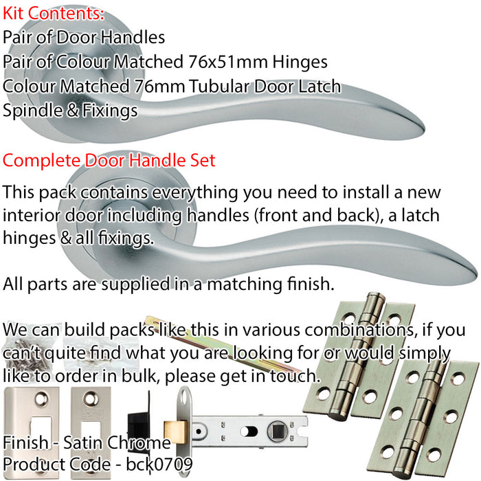 Door Handle & Latch Pack - Satin Chrome - Smooth Scroll Lever On Round Rose 1