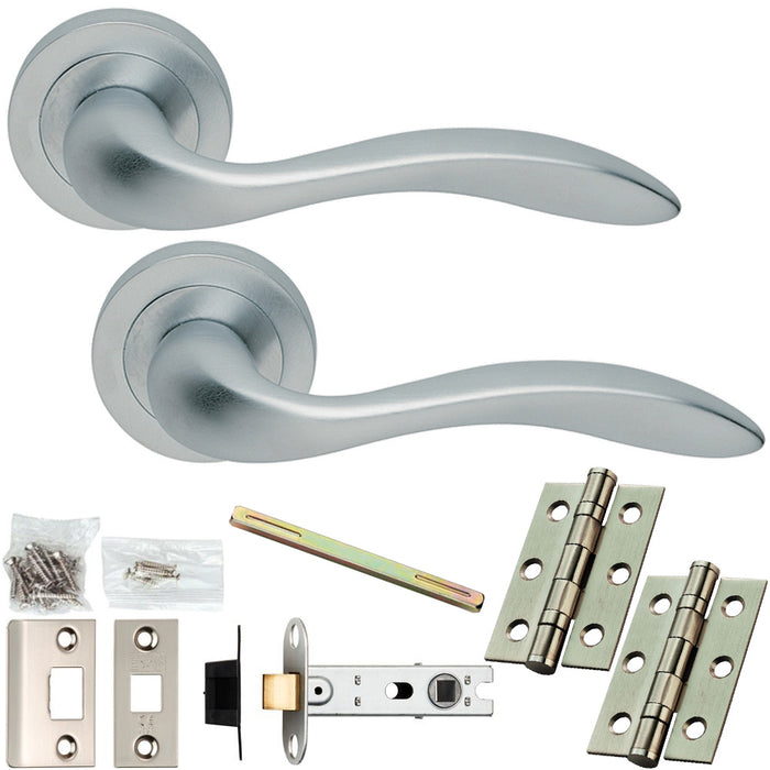 Door Handle & Latch Pack - Satin Chrome - Smooth Scroll Lever On Round Rose