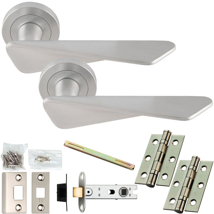 Door Handle & Latch Pack - Satin Chrome - Chunky Twist Bar Lever On Round Rose