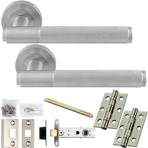 Door Handle & Latch Pack Satin Chrome Knurled Straight Bar Lever On Round Rose