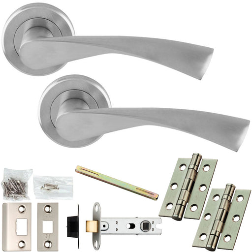 Door Handle & Latch Pack - Satin Chrome - Arched Twist Bar Lever On Round Rose