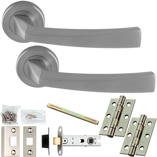 Door Handle & Latch Pack - Satin Chrome - Angled Arch Bar Lever On Round Rose