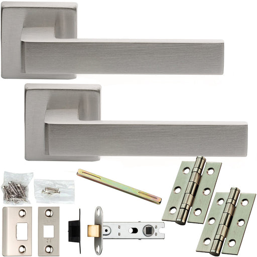 Door Handle & Latch Pack - Satin Chrome - Flat Slim Bar Lever On Square Rose