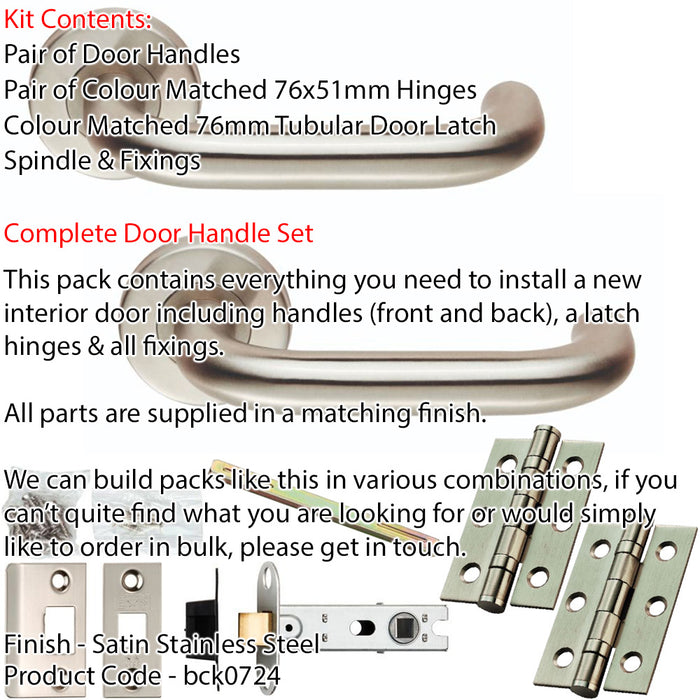 Door Handle & Latch Pack - Satin Steel - Round Curved Bar Lever On Round Rose 1