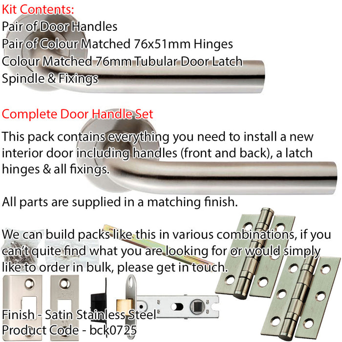 Door Handle & Latch Pack - Satin Steel - Rounded Bar Lever On Round Rose 1