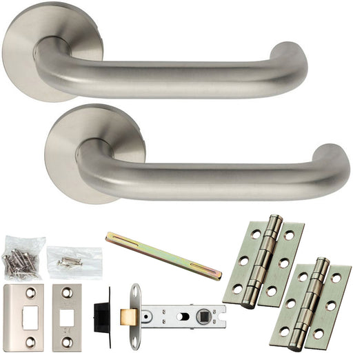 Door Handle & Latch Pack 304 Satin Steel Rounded Curved Bar Lever On Round Rose