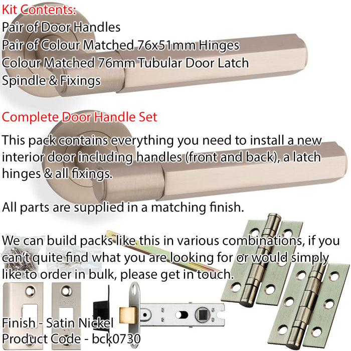 Door Handle & Latch Pack - Satin Nickel - Industrial Hex Lever On Round Rose 1