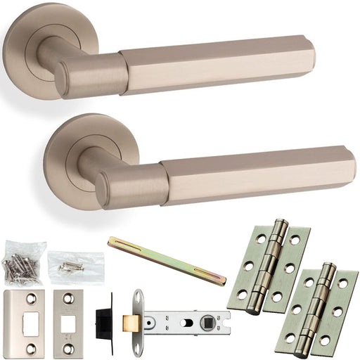 Door Handle & Latch Pack - Satin Nickel - Industrial Hex Lever On Round Rose