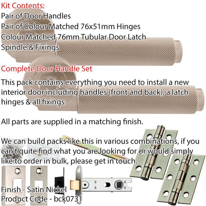 Door Handle & Latch Pack - Satin Nickel - Square Knurled Bar Lever On Round Rose 1