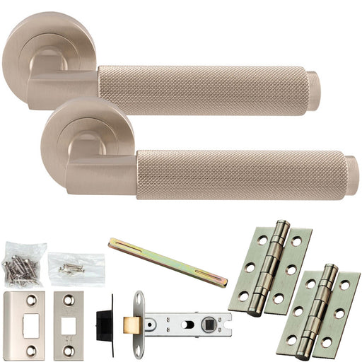 Door Handle & Latch Pack - Satin Nickel - Square Knurled Bar Lever On Round Rose